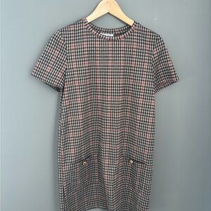 Zara Trafaluc plaid tweed mini dress with short sleeves and faux pockets